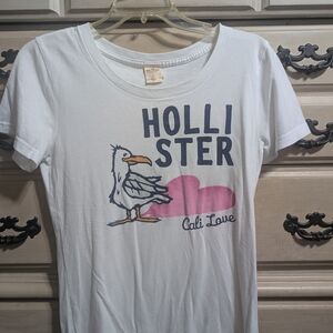 Hollister White Graphic Tee with Pink Accent and Navy Print